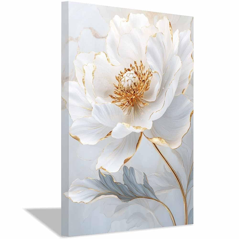 WUFIEA Lienzo con pintura botánica para pared Flores con bordes dorados minimalista arte de pared decoración de habitación del hogar（blanco-70x100cm Enmarcado