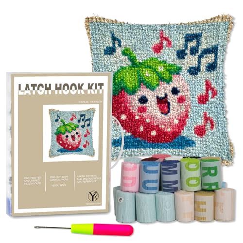 Image of YP Handmade Pillow Covers Strawberry Singer Latch Hook Kit - 18x18 Inch DIY Craft for Adults & Kids, Creative Project for Throw Pillow Inserts & Home Decor