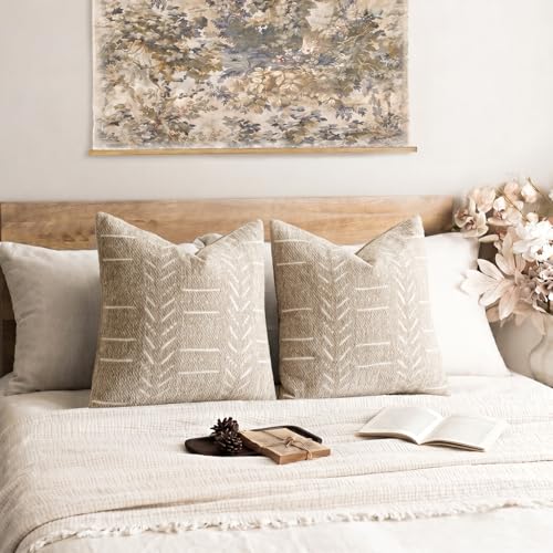 Image of Foindtower Set of 2 Decorative Chenille Jacquard Throw Pillow Covers Textured Farmhouse Vintage Cushion Covers Neutral Boho Accent Home Decor for Sofa Chair Couch Living Room,18x18 Inch,Natural Beige