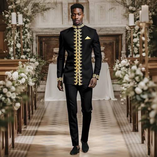 African Clothes for Men Regular Fit Casual Embroidery Blazer and Pants 2 Piece Linen Suits Set2