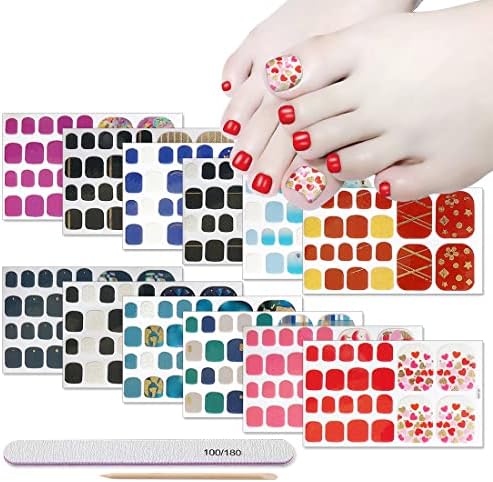 DANNEASY 12 Sheets Adhesive Toe Nail Wraps Polish Stickers with 1Pc Nail File + 1Pc Wood Cuticle Stick Glitter Nail Art Decals Manicure Design for Women