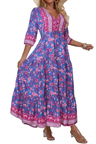 Image of Women Short Sleeve V Neck Floral Print Casual Bohemian Maxi Dresses