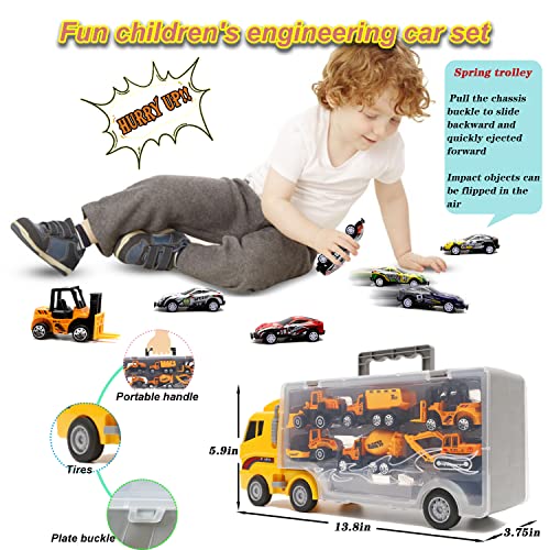 13-in-1 Transport Toy Truck Set with 12 Mini Cars - For 3-6 Year Old Boys and Girls