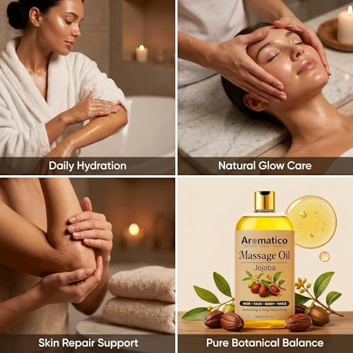 Image of AROMATICO Jojoba Massage Oil - Carrier Oil for Massage with Almond & Sesame for Full Body Hydration, Cold Pressed Skin Nourishment | 300ml
