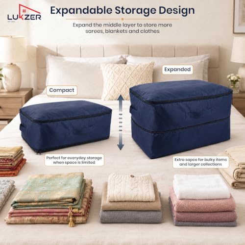 Image of Lukzer 12PC Expandable Self Compression Storage Bag for Clothes, Sarees, Blankets, Comforters & Bedding | 2 Layer Large Capacity Space Saving Wardrobe Storage Organizer | No Vacuum Needed (Nylon /Blue)