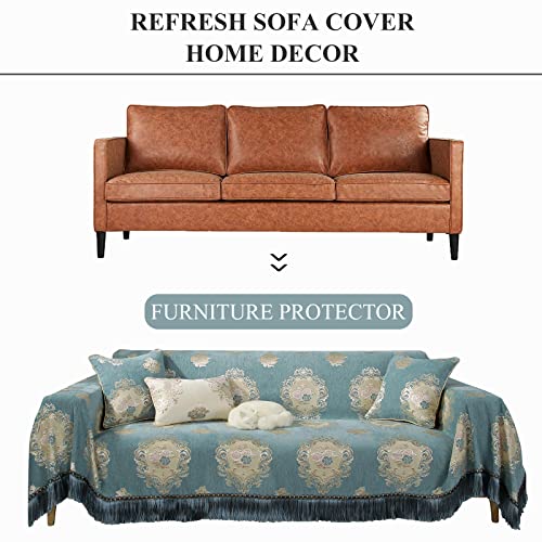 Stacypik 1Pc Thick Durable Peacock Blue Jacquard Sofa Covers Blankets For 3 Cushion Couch,Multi-Use Tassels Sectional Couch Covers Boho Decor,Pets Dogs Furniture Protector For Most Shape Sofa,71X118In #TOP2