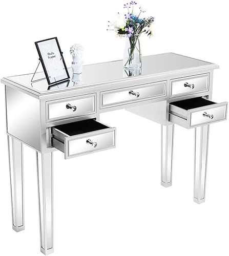 Miniatura 5 de Bonnlo Mesa de tocador con espejo con 5 cajones, mesa consola plateada para entrada, mesa de sofá moderna, color plateado