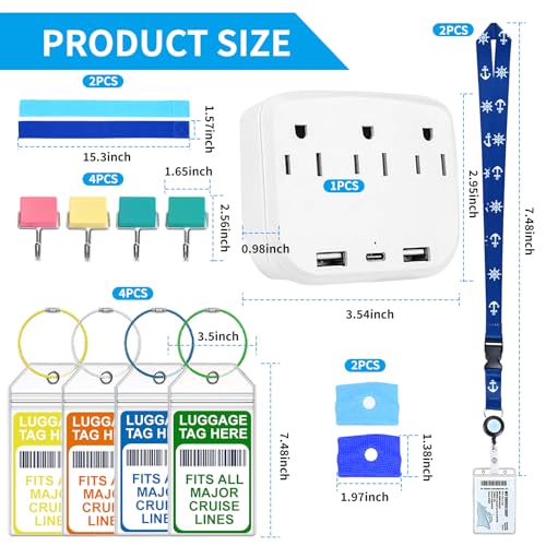 15 Pcs Cruise Essentials Accessories Kit Must Haves Set Include Non-Surge Power Strip, Retractable Cruise Lanyards for Ship Card, Luggage Tags Holder, Towel Bands, Anti Nausea Wristband, Magnetic Hook2