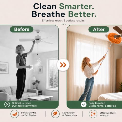 Image of Maxoshine Fan Cleaner Brush with Long Rod Flexible Fan Cleaning Mop Microfiber Dust Cleaner Foldable Duster Microfiber Duster for Cleaning of Home, Kitchen, Car (Orange)