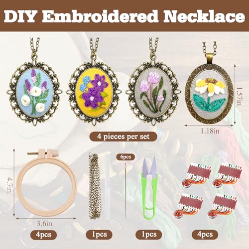 Image of ZOCONE New 4 Packs Embroidery Necklace Kits, Embroidery Pendant Kit Mini Cross Stitch Kit with Hoop, Necklace, Pendant, Stamped Pattern Cloth, Instructions, etc., Embroidery Kits for Adults