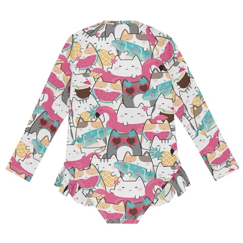 QUGRL Girls Rash Guard Long Sleeve One Piece Swimsuits Kawaii Cute Cats Zipper Girl Bathing Suits Size 9-10 Colorful Summer UV Swimwear Stand Collar4