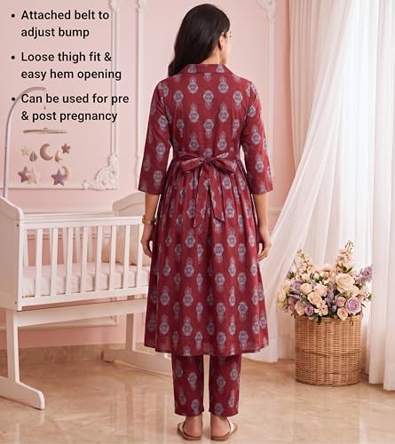 Image of DUMMY SHAPE Maternity Dresses for Women Cotton Rayon | Floral Kurta Pant Dupatta Set with Nursing Zippers to Pre & Post Partum | Feeding Kurtis | Mom to Be Gifts for Pregnant Woman