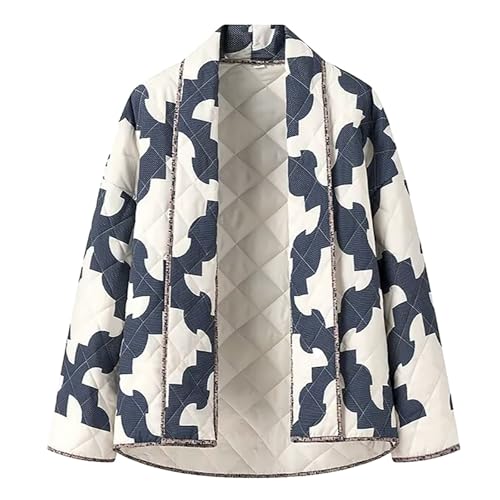 Women Lightweight Quilted Jacket Fall Winter Warm Cardigan Print Patchwork Open Front Coat Outwear Casual Streetwear