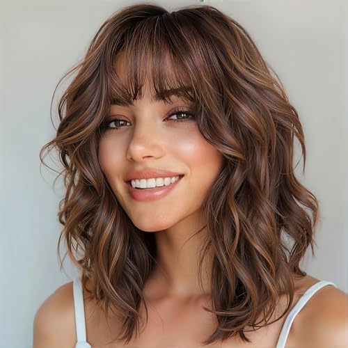 WIGNEE Perruque Carré Ondulée Courte avec Frange – Blond Ombré/Mèches, 30cm Fibre Synthétique Résistante à la Chaleur, Perruque Sans Colle Bouclée Naturelle pour Femme, Usage Quotidien & Fête