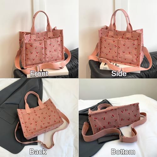 Image of Cherry Tote Bag for Women Canvas Patched Purse Cute Shoulder Bag Multi-Pocket Satchel Handbag for work travel