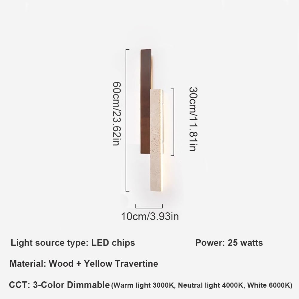 Lampy Ścienna LED z Liniowego Drewna, Długi Kinkiet z Trawertynu Oświetlenie Ścienne Minimalistyczne Rustykalne Ściemnialne do Sypialni Korytarza Salonu Schodów(60cm/23.62in)