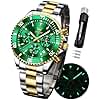 OLEVS Green Watches for Men Analog Quartz Stainless Steel Chronograph Two Tone Watch Waterproof Date Moon Phase Business Luminous Male Wristwatch