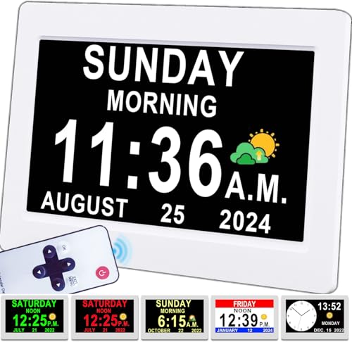 Véfaîî 【2024 New】 Digital Clock for Seniors, 3Displays, 20 Alarms Custom Reminders, Non-Abbreviated Day Date Dementia Clock, Auto DST and Photo Frame Function- 7" White with Remote