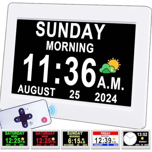 Véfaîî 2025 New, Digital Clock with Day Date 1280 * 800P HD, 19 Alarms Custom Reminders, 10 Levels Auto Dimmer Dementia Clock, 8 Display Colors, Auto DST, Remote & Buttons Control Easy for E