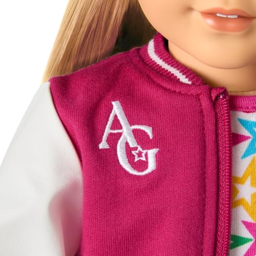 Image of American Girl Truly Me 18-inch Doll #131 with Brown Eyes, Straight Blonde Hair, Light-to-Medium Skin + Pink Hearts Hoodie Dress with Sunglasses, for 18-inch Dolls, Ages 6+ Bundle
