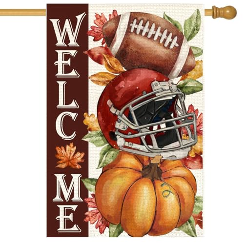 RABUSOFA Fall Football House Flag 28x40 Inch Double Sided Outside Maple Leaves Welcome Autumn Pumpkin Seasonal Thanksgiving Holiday Yard Outdoor Flag Large