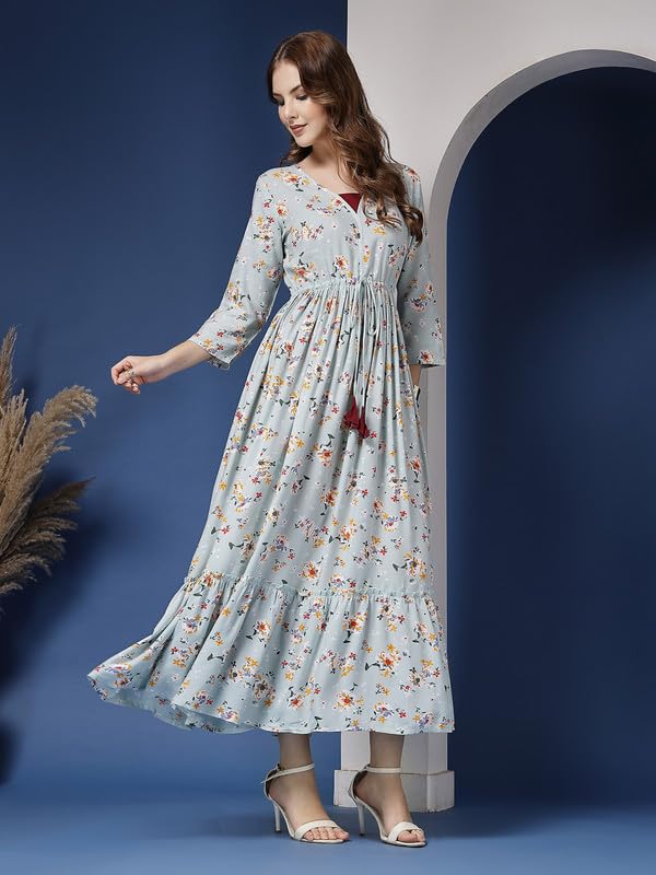 Image of Daevish Women's New Rayon Printed Tie-up Waist V Neck Flared Maxi Dress | Women Flared Dress