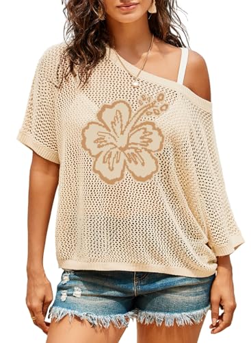 Image of Dokotoo Womens Floral Fashion Summer Tops 2026 Short Sleeve Crochet Sweaters Swimsuit Cover Ups Lightweight Knit Pullover