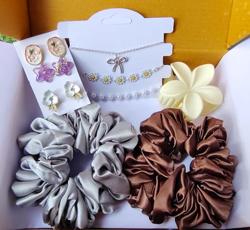 Image of Hamper Trendy Braclates Chain |Set of 3| Accessories, Set of 2 XL Satin Scrunchies, Flower Claw Clip, 3 pairs of earrings (Pack of 9)