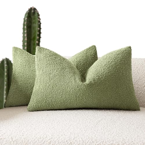 Image of Foindtower Pack of 2 Textured Boucle Throw Pillow Covers Accent Solid Decorative Lumbar Pillow Cases Soft Couch Cushion Case for Chair Sofa Bedroom Living Room Home Decor 12x20 Inch Leaf Green