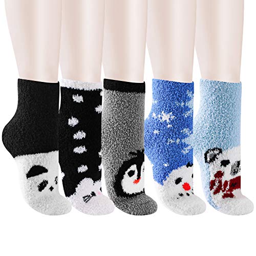 5 Pack Women Girls Fuzzy Fluffy Socks, Great For Holiday Winter Or Christmas,Cabin Soft Warm Slipper Crew Cute Cozy Socks (Winter Animals) #TOP1