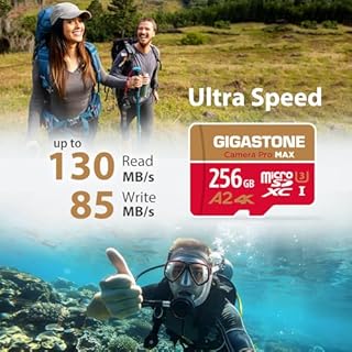 [5 Ans Récupération de données Gratuite] GIGASTONE Carte Mémoire 256 Go, Camera Pro Max, Vitesse jusqu'à 130/85 Mo/s, pour GoPro, DJI, Drone, 4K Video A2 V30 U3 MicroSDXC avec Adaptateur