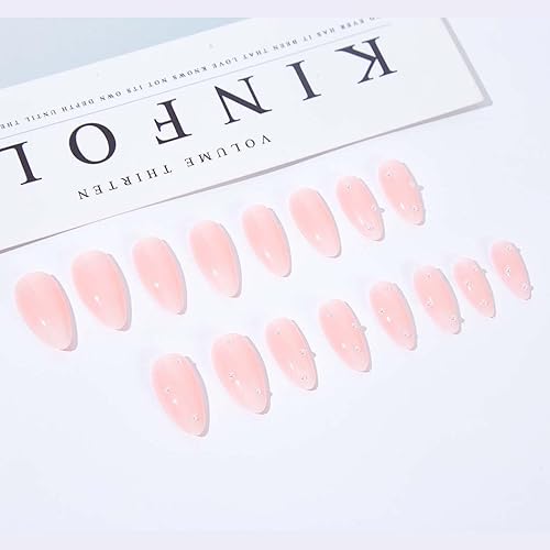 Miniatura 2 de RikView Uñas postizas de color rosa a presión con diamantes de imitación uñas acrílicas brillantes de almendra 24 unidades por juego