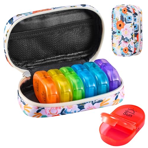 Image of Serfeymi Weekly Travel Pill Organizer 2 Times A Day AM PM Upgraded Rainbow Pill Box 7 Day with Portable Zipper Canvas Pill Case, Medicine Organizer for Pills, Vitamins, Fish Oils - Bloom 01