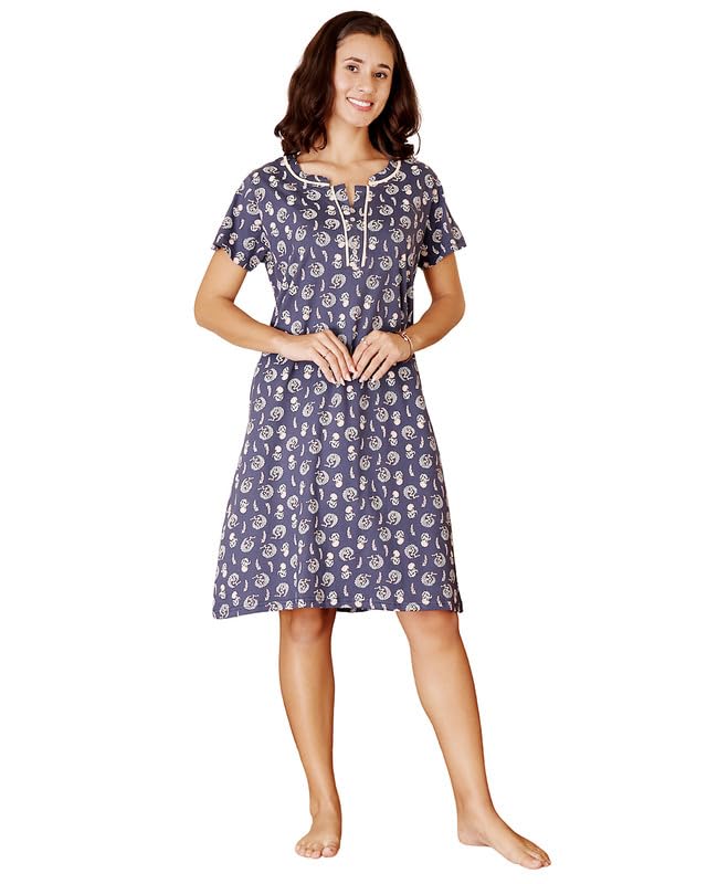 bodycare Women’s Nightdress | Multicolor Cotton Nighty | Knee-Length, Short Sleeves, Relaxed Fit, with Pockets | Combed Cotton Fabric-picture-30