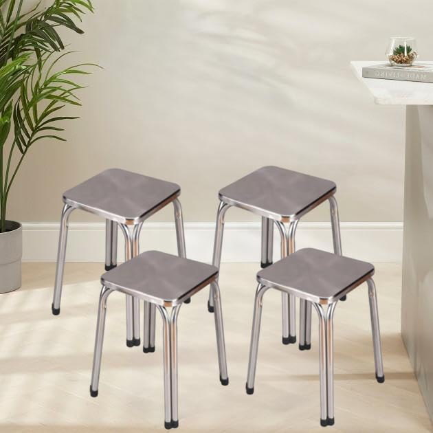 Image of NGFC Steel Stool for Indoor /Outdoor Use - Home, Medical, Hospital, Food, Doctor, Kitchen, Office, Cafe, Cafeteria - Metal Bar Chair (SQ Steel New, Silver pk4)
