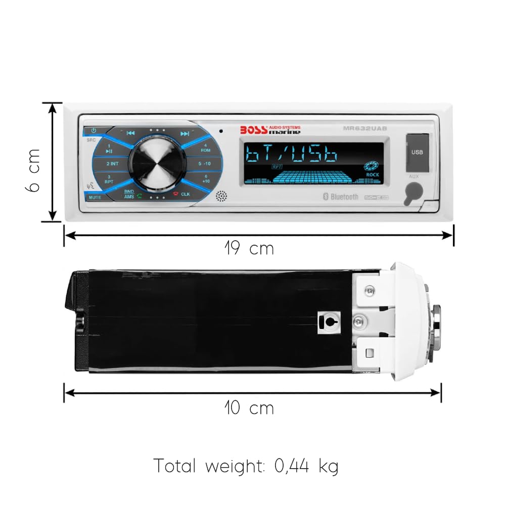 KIT Set Marine FÜR BOSS Audio Systems MCK632WB.6 mit MR632UAB AM/FM-Bluetooth-Stereoempfänger, einem Paar MR6W-Lautsprechern, 90 Watt RMS, 180 Watt max., MRANT10-Dipolantenne, 1 Kit + Zubehör