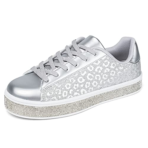 UUBARIS Damen-Tennis-Sneaker, glitzernd, neonfarben, glitzernd, Strass, Bling, Hochzeit, Brautschuhe, glänzende Paillettenschuhe, Silberner Leopardenmuster, 38.5 EU