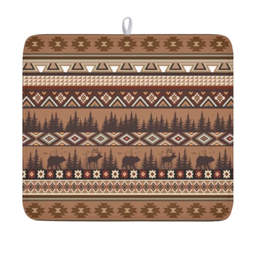 Giwawa Rustic Bear Deer Dish Drying Mat Boho Ethnic Drainer Rack Pad 16x18 Inch Microfiber Absorbent Dish Sink Mat for Counter Kitchen Tableware