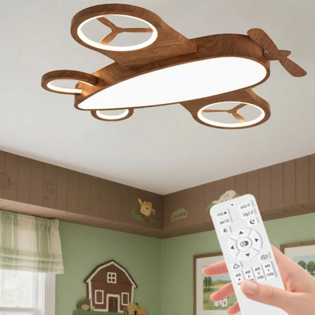 Plafonnier LED avion dimmable en bois de noyer de 66cm pour chambre d'enfant