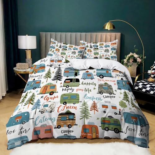 ThèMe du Camping Housse de Couette 240x220 Chariot de Pique-Nique de Dessin animé Parure de Lit Garçon Fille en Microfibre Chambre Décor Housse Couette avec Fermeture Éclair avec 2 Taies d'oreiller