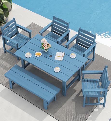 Image of SERWALL 67 inch Rectangle Outdoor Dining Table for 6, Blue | Patio Dining Table with an umbrella hole, HDPE Outdoor Dining Table which can holds up to 220LBS