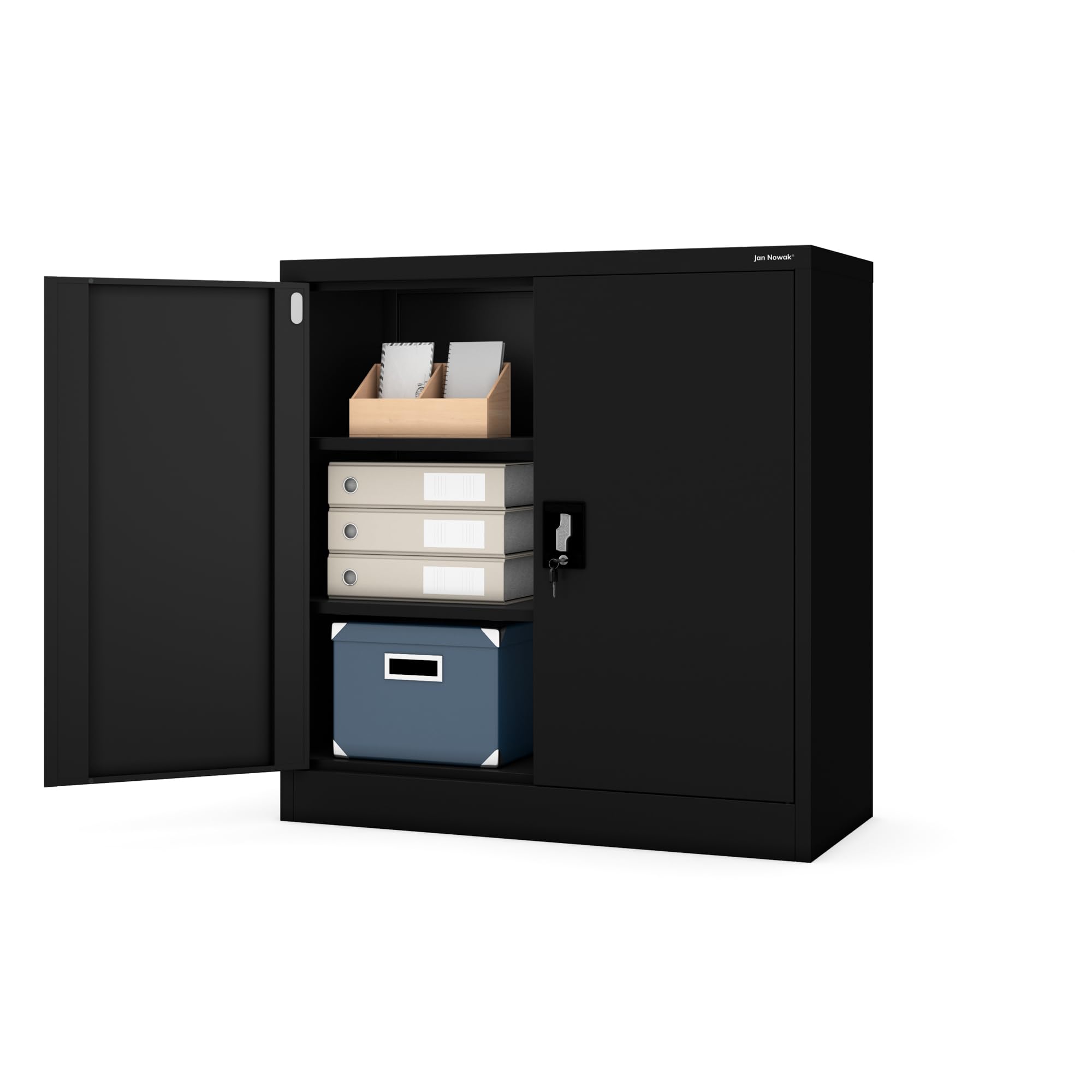 Jan Nowak Kleiner Aktenschrank C001B Büroschrank Metallschrank Lagerschrank 2 Verstellbare Fachböden Pulverbeschichtet Abschließbar 92,5 cm x 90 cm x 40 cm (Schwarz)