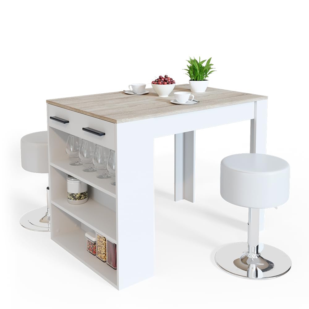 Vicco Juego de Mesa de Comedor Repose, Sonoma/Blanco, 67 x 100 cm | con 2 taburetes, apto como superficie de trabajo o área adicional de almacenamiento
