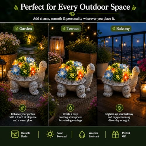 Image of XERGY Solar Powered Garden Decor Turtle Resin Statue with 6 Warm White LED Lights, Waterproof, Dusk to Dawn Sensor for for Lawn, Terrace & Balcony Decor (Grey)