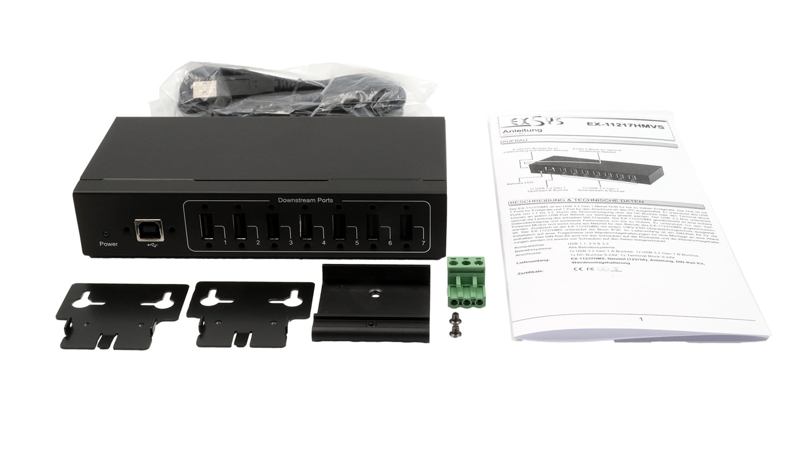 EX-11217HMVS 7 Port USB 2.0 Metall HUB Netzteil DIN-Rail-Kit Genesys Chipset