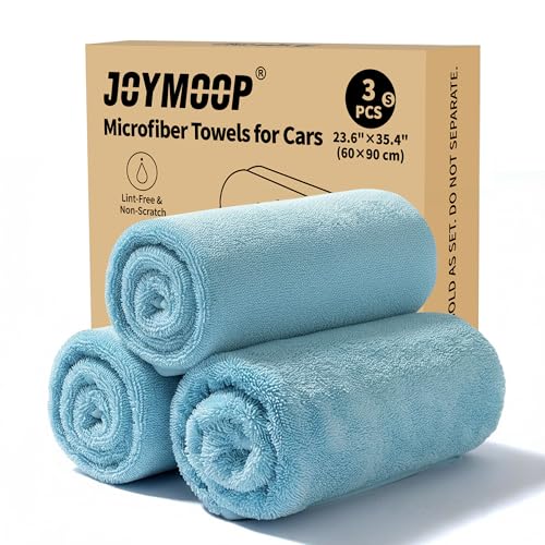 Image of JOYMOOP Microfiber Towels for Cars, 3 Pack 35.4 inch x 23.6 inch Car Drying Towel, Blue Reusable Car Towel, Quick Drying Car Microfiber Cleaning Cloth for RVs, SUVs, Trucks