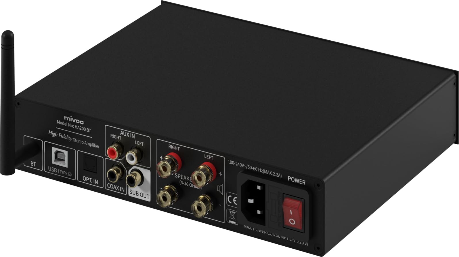 HA200 BT HiFi Verstärker, Stereo Verstärker, 2x100W, Bluetooth, optischer Eingang, Subwoofer Ausgang