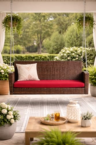 Image of Carry Bird Rattan Wicker Two Seater Swings with Cushion, Brown, 120x60x60 cm, Garden Porch Hammock for Adults (Maroon Cushion, 2 Seater Prouch Swing, Leather Brown Prouch Swing)