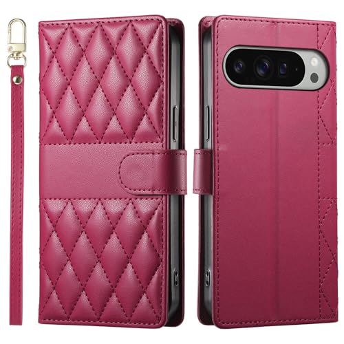 Étui portefeuille Google Pixel 9 Pro rose vif en cuir à rabat