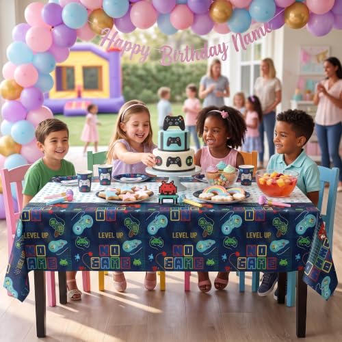 Image of Exquisite Gamer Style Table Cover 6 Pack 54 in. x 108 in. Rectangle Plastic Tablecloth Disposable Table Covers for Video Game Level Up Controller Pixel Boys Birthday Party Supplies Decorations